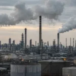 Ipari komplexum szürke füstfelhők alatt