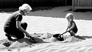 Unoka és nagymama a homokozóban játszik.